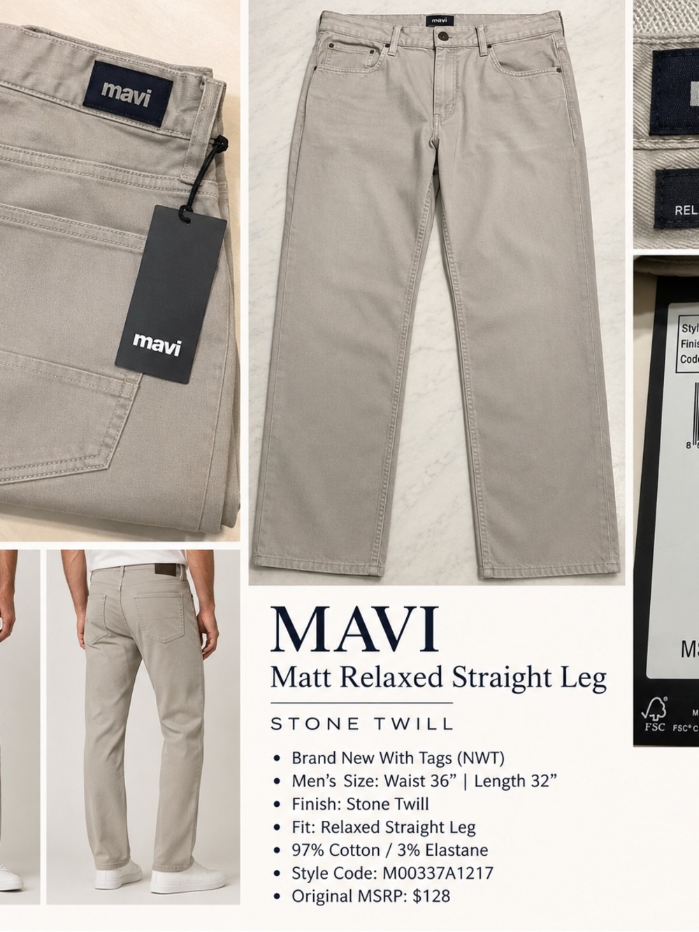 NWT Mavi Matt Relaxed Straight Leg Stone Twill Pants 36W 32L